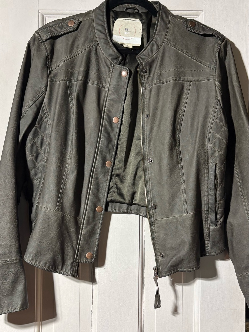Anthropologie Olive Green vegan leather Moto Jacket with Snap Front